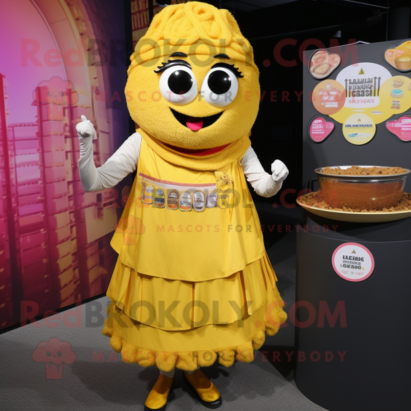 Yellow Biryani mascot costume character dressed with a Skirt and Coin purses