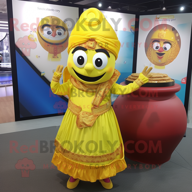 Yellow Biryani mascot costume character dressed with a Skirt and Coin purses