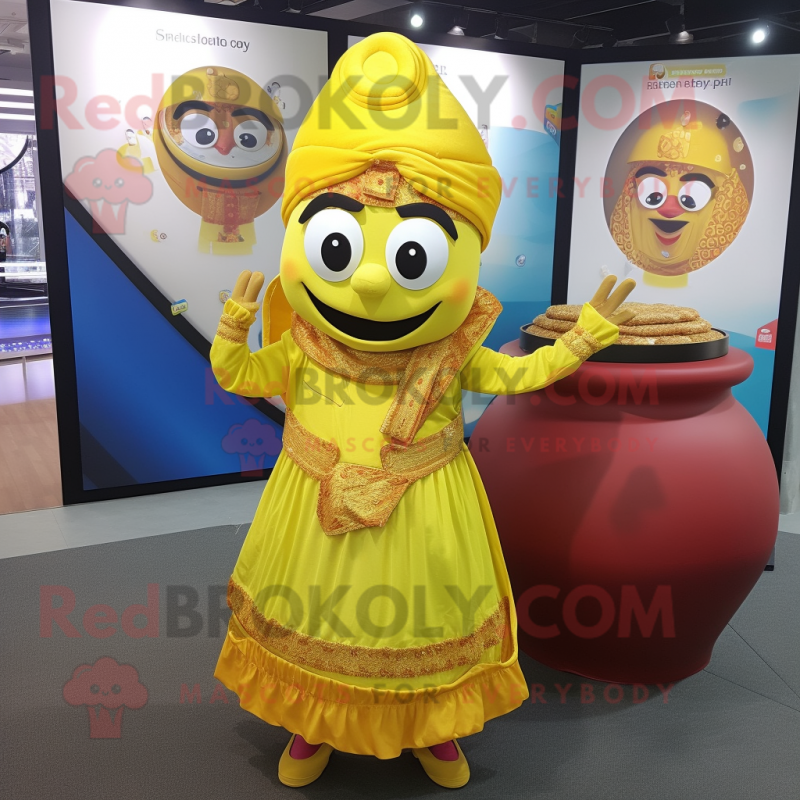Yellow Biryani mascot costume character dressed with a Skirt and Coin purses Yellow Biryani mascot costume character dressed with a Skirt and Coin purses