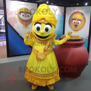 Yellow Biryani mascot costume character dressed with a Skirt and Coin purses