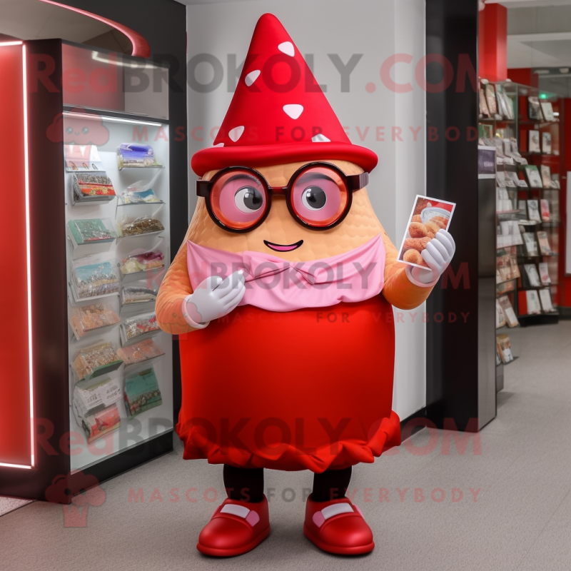 Red Ice Cream Cone mascot costume character dressed with a Wrap Skirt and Reading glasses Red Ice Cream Cone mascot costume character dressed with a Wrap Skirt and Reading glasses