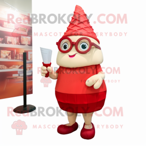 Red Ice Cream Cone mascot costume character dressed with a Wrap Skirt and Reading glasses