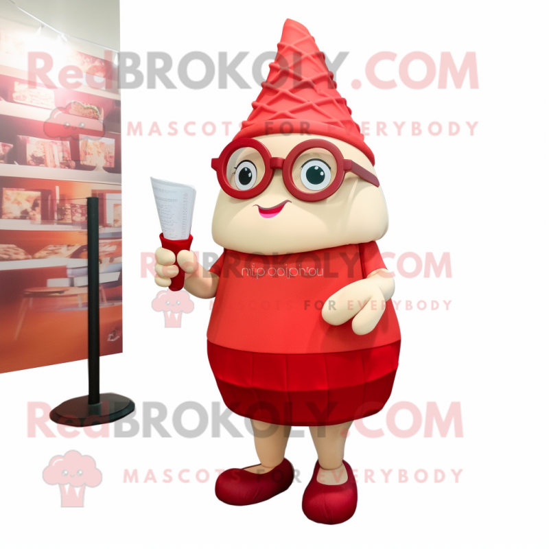 Red Ice Cream Cone mascot costume character dressed with a Wrap Skirt and Reading glasses