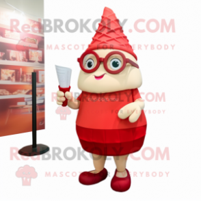 Red Ice Cream Cone mascot costume character dressed with a Wrap Skirt and Reading glasses