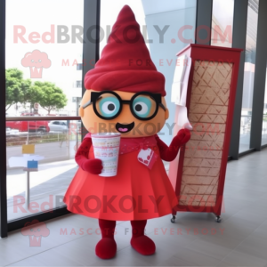 Red Ice Cream Cone mascot costume character dressed with a Wrap Skirt and Reading glasses