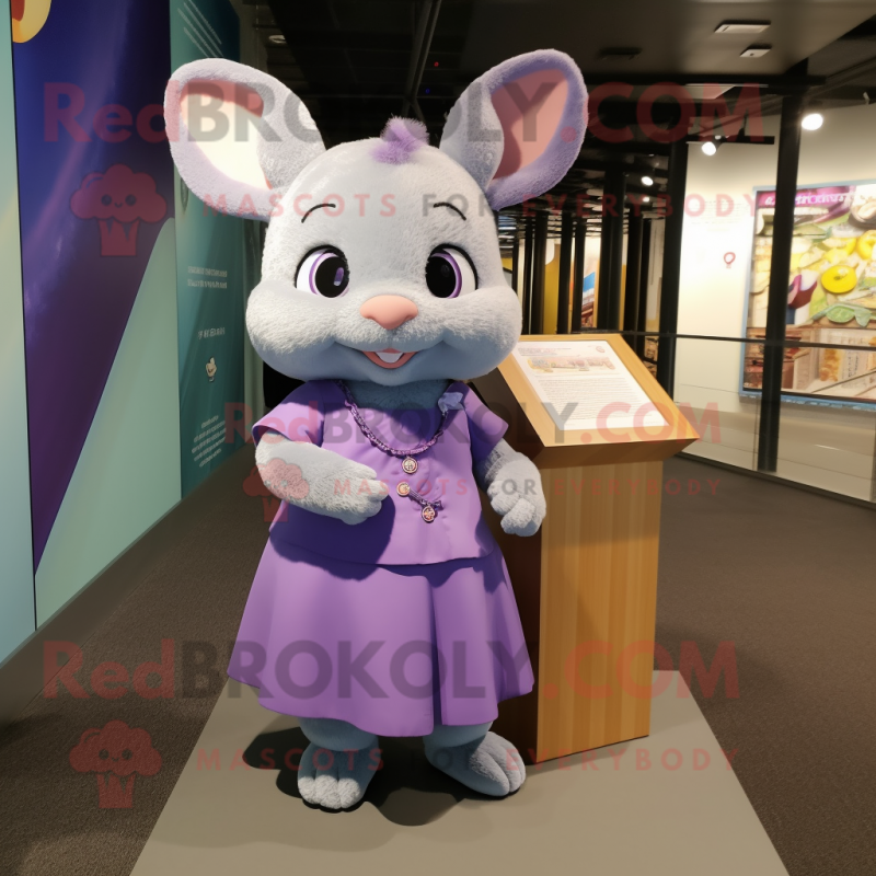 Purple Chinchilla mascot costume character dressed with a Pencil Skirt and Shoe clips