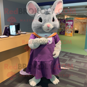 Purple Chinchilla mascot costume character dressed with a Pencil Skirt and Shoe clips