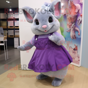 Purple Chinchilla mascot costume character dressed with a Pencil Skirt and Shoe clips