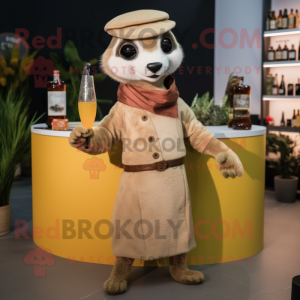 Beige Meerkat mascot costume character dressed with a Cocktail Dress and Berets