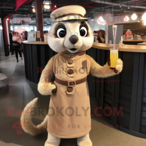 Beige Meerkat mascot costume character dressed with a Cocktail Dress and Berets