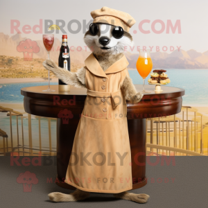 Beige Meerkat mascot costume character dressed with a Cocktail Dress and Berets