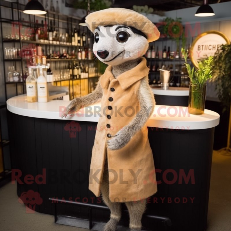 Beige Meerkat mascot costume character dressed with a Cocktail Dress and Berets