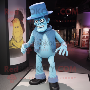 Sky Blue Frankenstein mascot costume character dressed with a Skinny Jeans and Hats