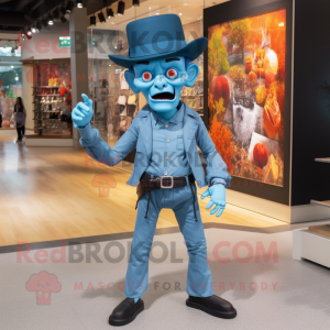 Sky Blue Frankenstein mascot costume character dressed with a Skinny Jeans and Hats