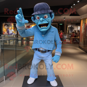 Sky Blue Frankenstein mascot costume character dressed with a Skinny Jeans and Hats