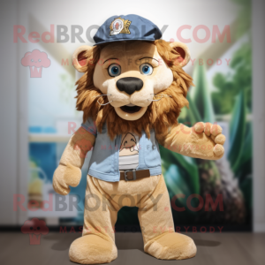 Brown Lion mascot costume character dressed with a Denim Shorts and Caps