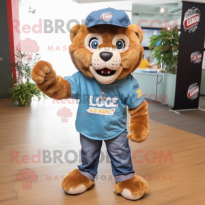 Brown Lion mascot costume character dressed with a Denim Shorts and Caps