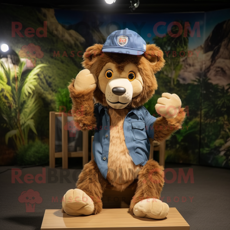 Brown Lion mascot costume character dressed with a Denim Shorts and Caps