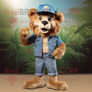 Brown Lion mascot costume character dressed with a Denim Shorts and Caps