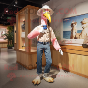 Cream Flamingo mascot costume character dressed with a Denim Shorts and Gloves