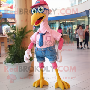 Cream Flamingo mascot costume character dressed with a Denim Shorts and Gloves