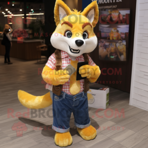 Yellow Fox mascot costume character dressed with a Flannel Shirt and Wallets