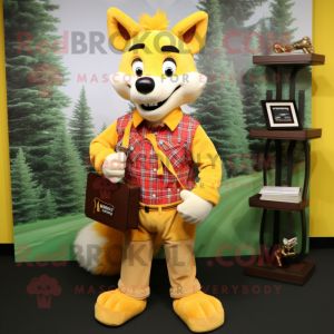 Yellow Fox mascot costume character dressed with a Flannel Shirt and Wallets