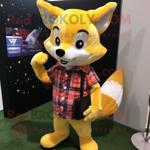 Yellow Fox mascot costume character dressed with a Flannel Shirt and Wallets