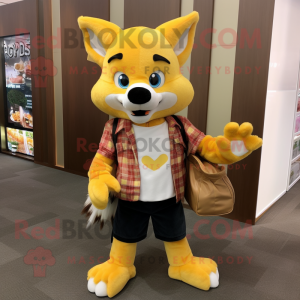 Yellow Fox mascot costume character dressed with a Flannel Shirt and Wallets