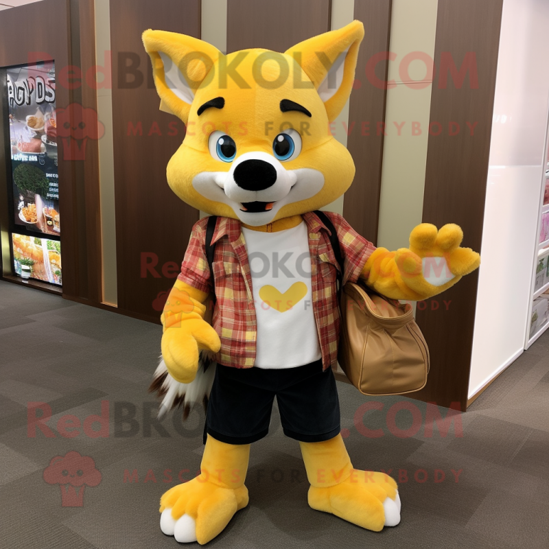 Yellow Fox mascot costume character dressed with a Flannel Shirt and Wallets