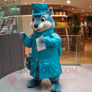 Teal Squirrel mascot costume character dressed with a Raincoat and Clutch bags