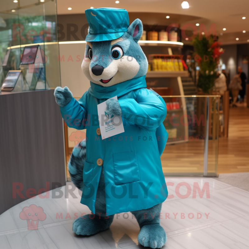 Teal Squirrel mascot costume character dressed with a Raincoat and Clutch bags Teal Squirrel mascot costume character dressed with a Raincoat and Clutch bags