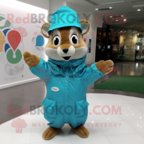 Teal Squirrel mascot costume character dressed with a Raincoat and Clutch bags