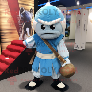 Sky Blue Samurai mascot costume character dressed with a Henley Tee and Clutch bags