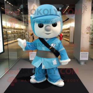 Sky Blue Samurai mascot costume character dressed with a Henley Tee and Clutch bags