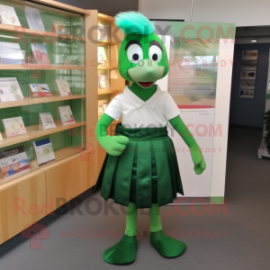 Green Swan mascot costume character dressed with a Pencil Skirt and Suspenders