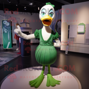 Green Swan mascot costume character dressed with a Pencil Skirt and Suspenders