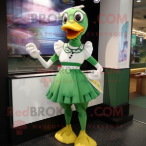 Green Swan mascot costume character dressed with a Pencil Skirt and Suspenders