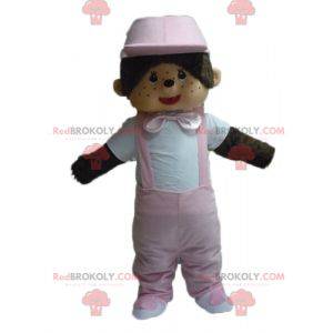 Kiki mascotte beroemde pluche aap met roze overall -
