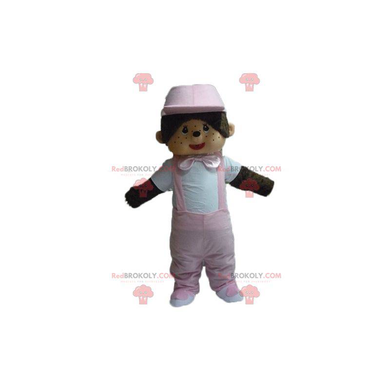 Kiki maskot berömd plysch apa med rosa overaller -