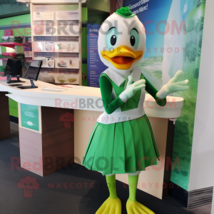 Green Swan mascot costume character dressed with a Pencil Skirt and Suspenders