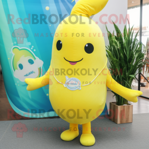 Lemon Yellow Narwhal mascot costume character dressed with a Flare Jeans and Lapel pins