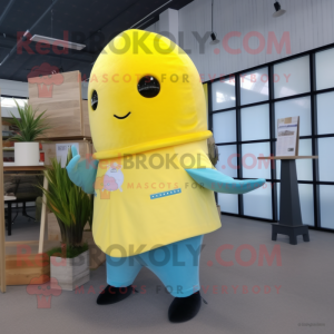 Lemon Yellow Narwhal mascot costume character dressed with a Flare Jeans and Lapel pins