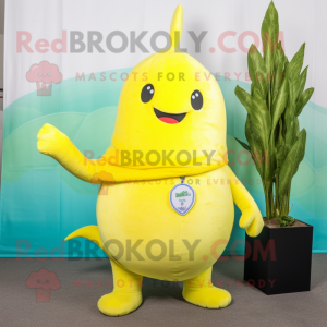 Lemon Yellow Narwhal mascot costume character dressed with a Flare Jeans and Lapel pins