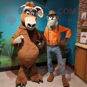 Rust Goat mascot costume character dressed with a Capri Pants and Watches