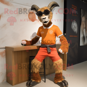 Rust Goat mascot costume character dressed with a Capri Pants and Watches