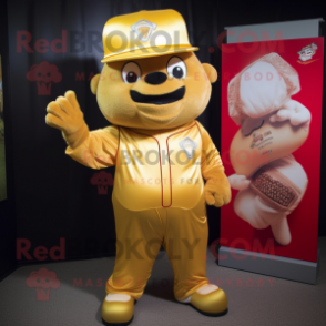 Gold Candy Box mascot costume character dressed with a Baseball Tee and Hat pins