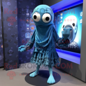 Blue Kraken mascot costume character dressed with a Sweatshirt and Scarf clips