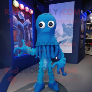 Blue Kraken mascot costume character dressed with a Sweatshirt and Scarf clips