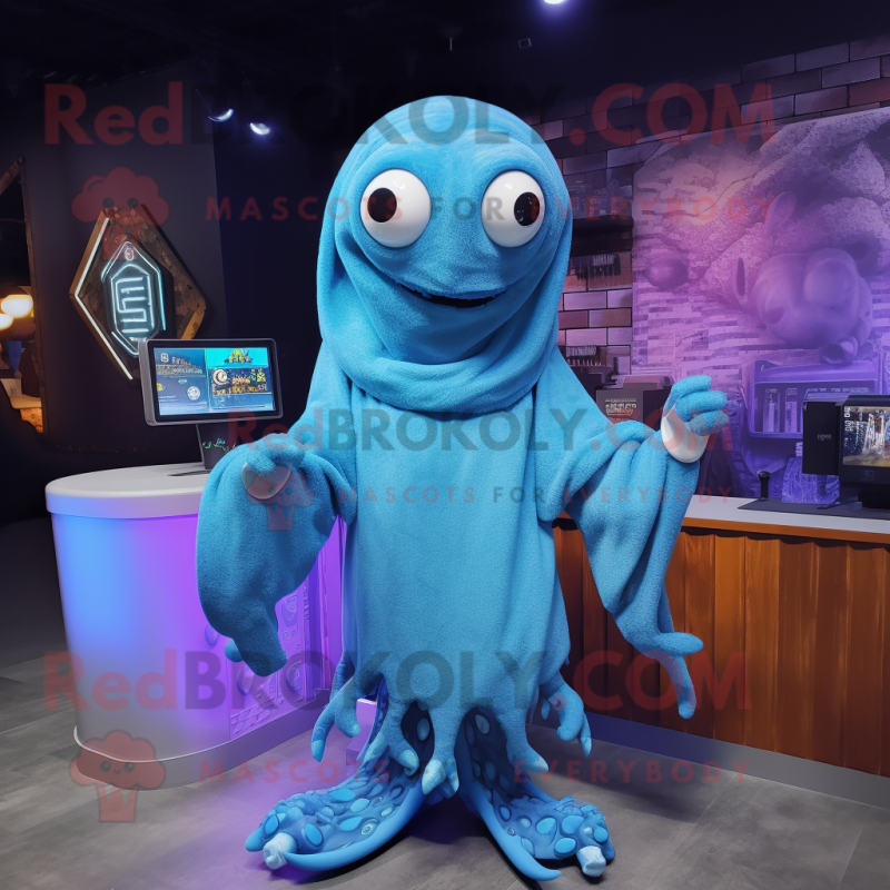 Blue Kraken mascot costume character dressed with a Sweatshirt and Scarf clips